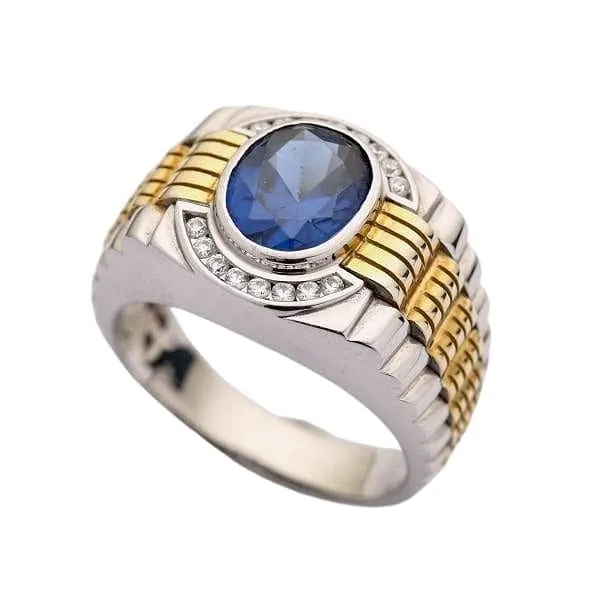 Sapphire Gold Sterling Silver Two Tone Men's Rolex Ring