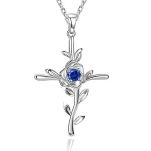 September Birthstone Blue Sapphire Necklace for Wife Birthday Gifts Love Rose Jewelry Women Sterling Silver Hope Leaves Pendant Necklace for Her