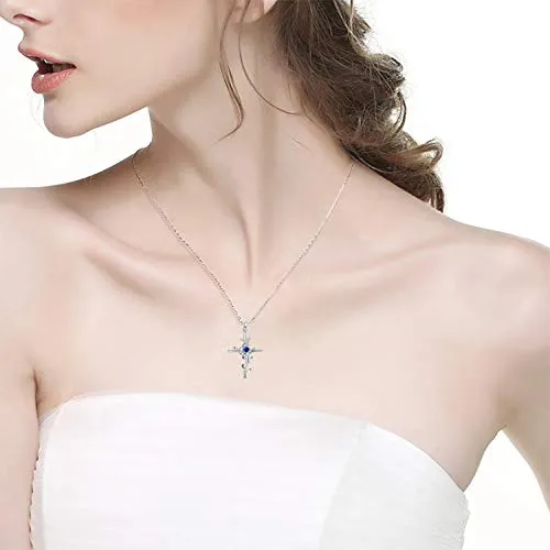 September Birthstone Blue Sapphire Necklace for Wife Birthday Gifts Love Rose Jewelry Women Sterling Silver Hope Leaves Pendant Necklace for Her