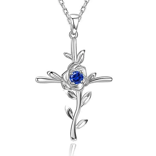 September Birthstone Blue Sapphire Necklace for Wife Birthday Gifts Love Rose Jewelry Women Sterling Silver Hope Leaves Pendant Necklace for Her