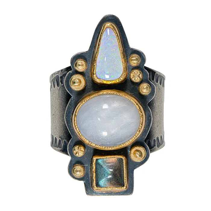 Silver Sapphire With Opal and Labradorite Ring - Sterling Silver   22k   18k Gold - Sizing In Description