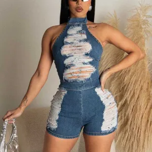 Solid Halter Backless Cut Out Denim Romper