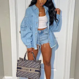 Solid Lantern Sleeve Fringe Hem Denim Coat