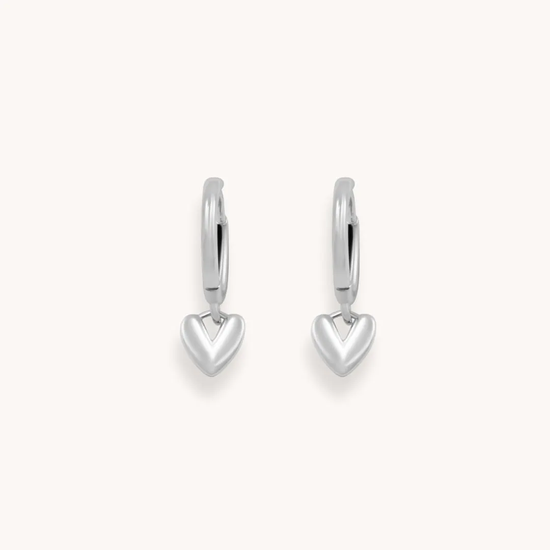 Sterling Silver Dainty Heart Huggie Hoops, Silver