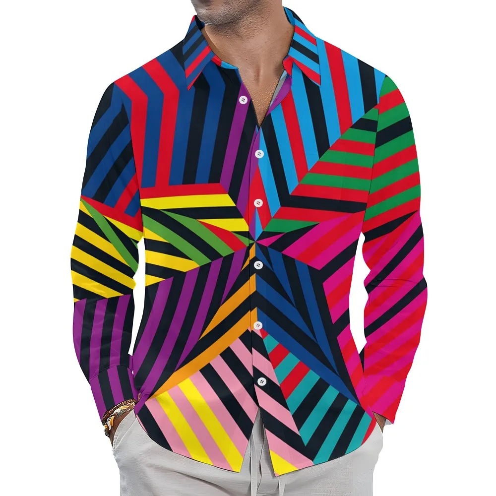 Stripes Pattern Print Long Sleeve Hawaiian Shirt 2412003413