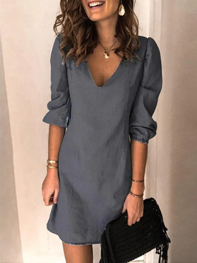 Stunncal V-neck Half Sleeve Denim Mini Dress