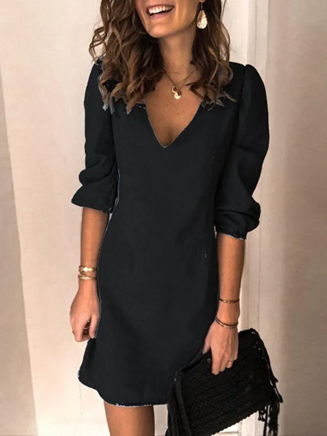 Stunncal V-neck Half Sleeve Denim Mini Dress