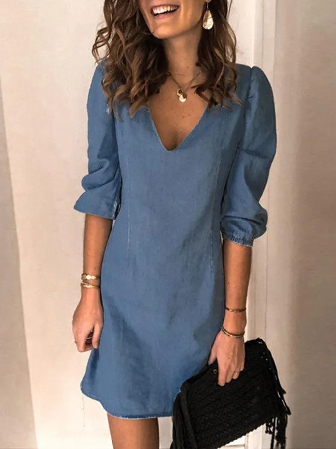 Stunncal V-neck Half Sleeve Denim Mini Dress