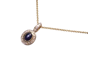 Stunning 14K Yellow Gold Cabochon Sapphire Diamond Pendant Necklace