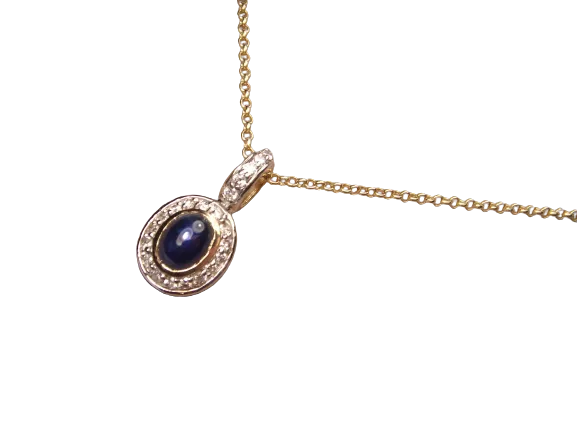 Stunning 14K Yellow Gold Cabochon Sapphire Diamond Pendant Necklace