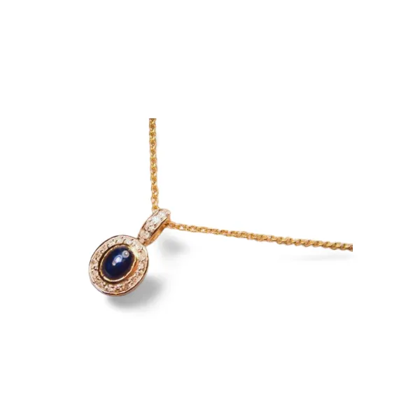 Stunning 14K Yellow Gold Cabochon Sapphire Diamond Pendant Necklace