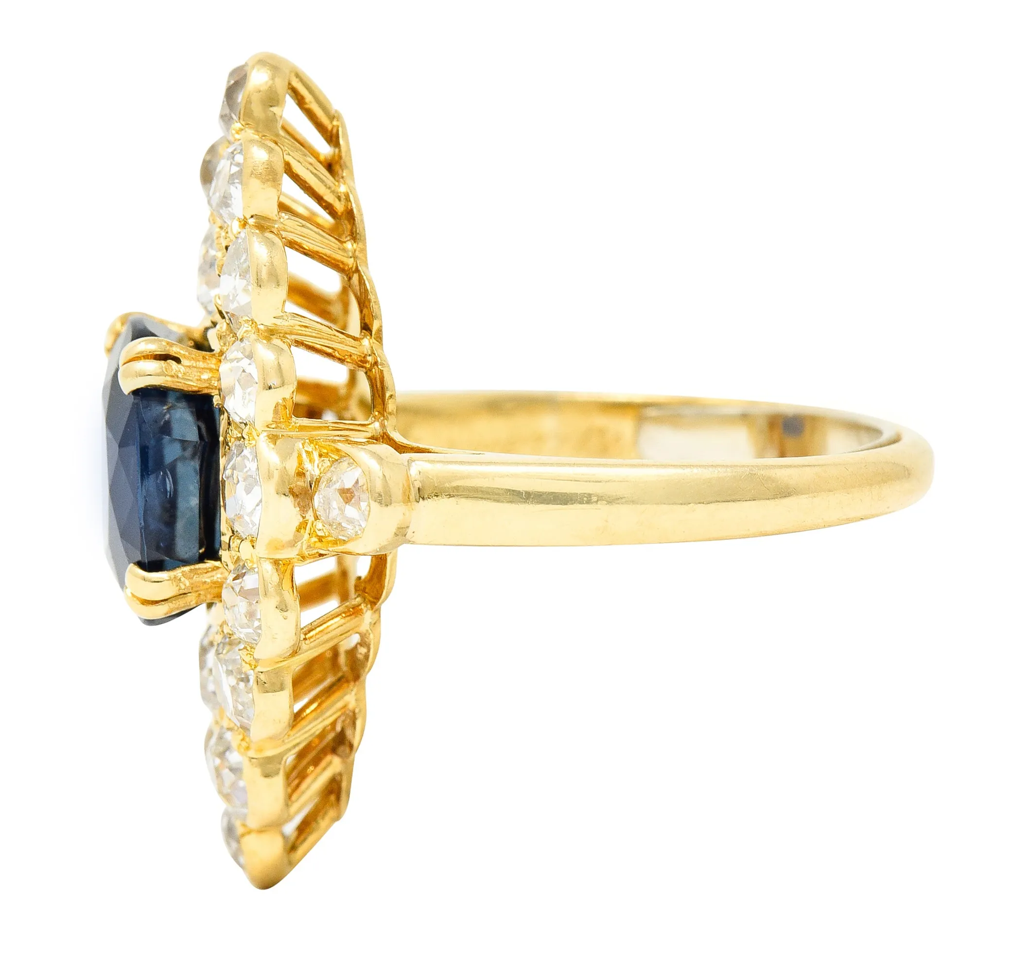 Substantial Chaumet Paris Mid-Century 6.35 CTW No Heat Sapphire Old Mine Cut Diamond 18 Karat Yellow Gold Vintage Navette Cluster Ring GIA