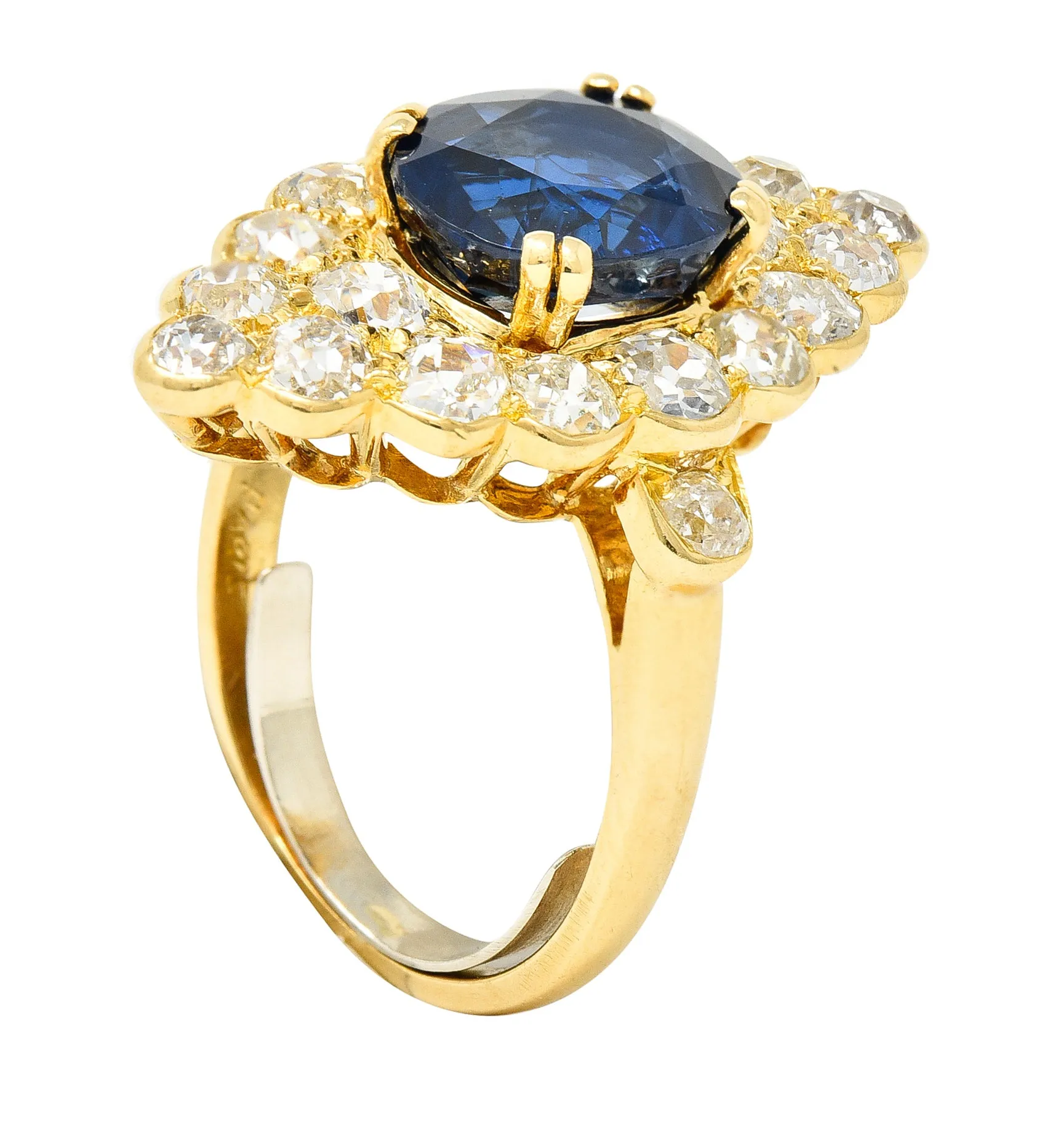 Substantial Chaumet Paris Mid-Century 6.35 CTW No Heat Sapphire Old Mine Cut Diamond 18 Karat Yellow Gold Vintage Navette Cluster Ring GIA