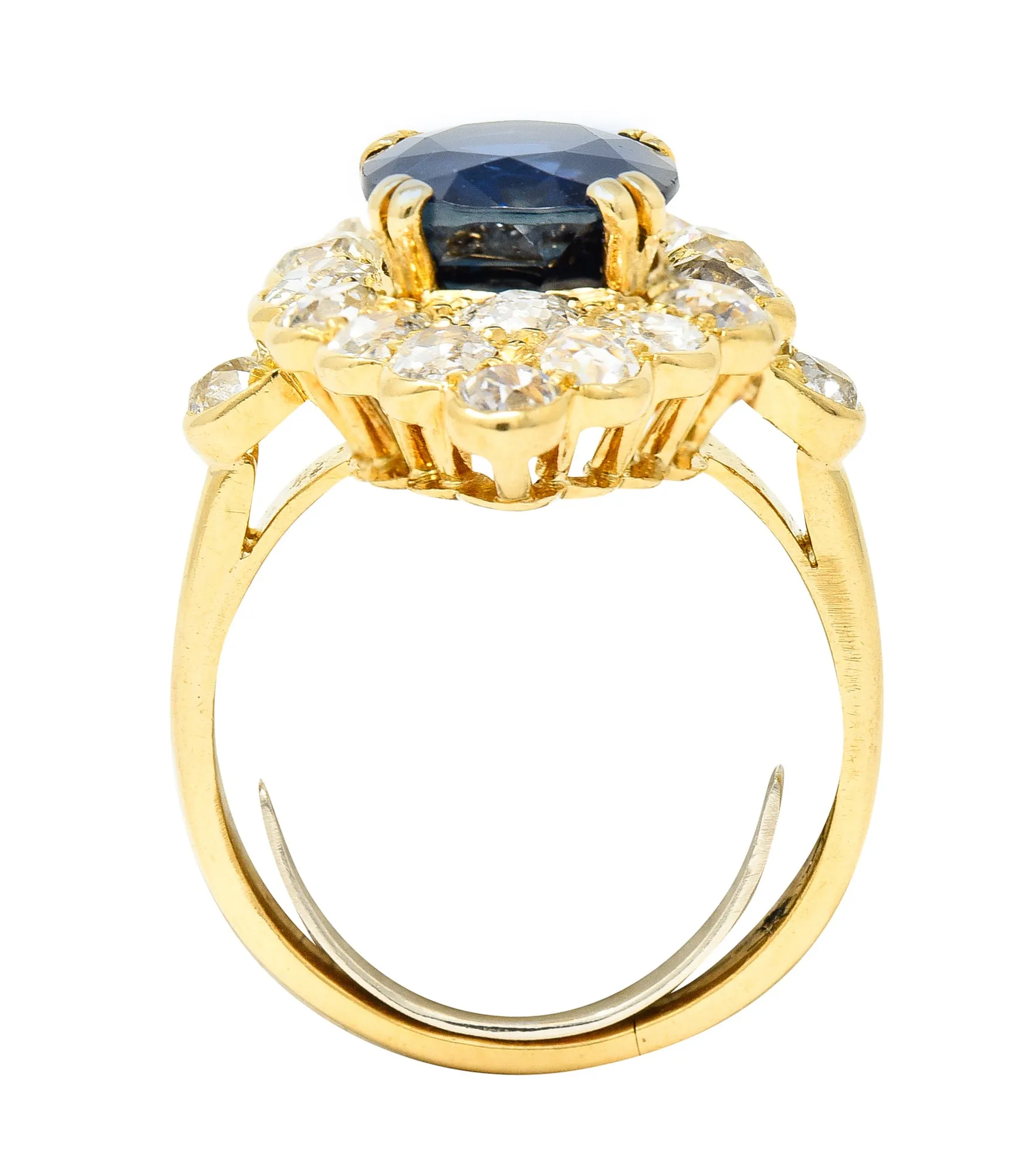 Substantial Chaumet Paris Mid-Century 6.35 CTW No Heat Sapphire Old Mine Cut Diamond 18 Karat Yellow Gold Vintage Navette Cluster Ring GIA