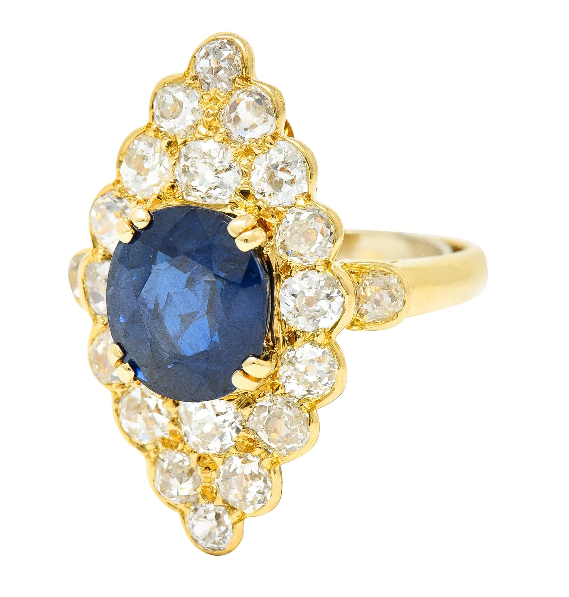 Substantial Chaumet Paris Mid-Century 6.35 CTW No Heat Sapphire Old Mine Cut Diamond 18 Karat Yellow Gold Vintage Navette Cluster Ring GIA