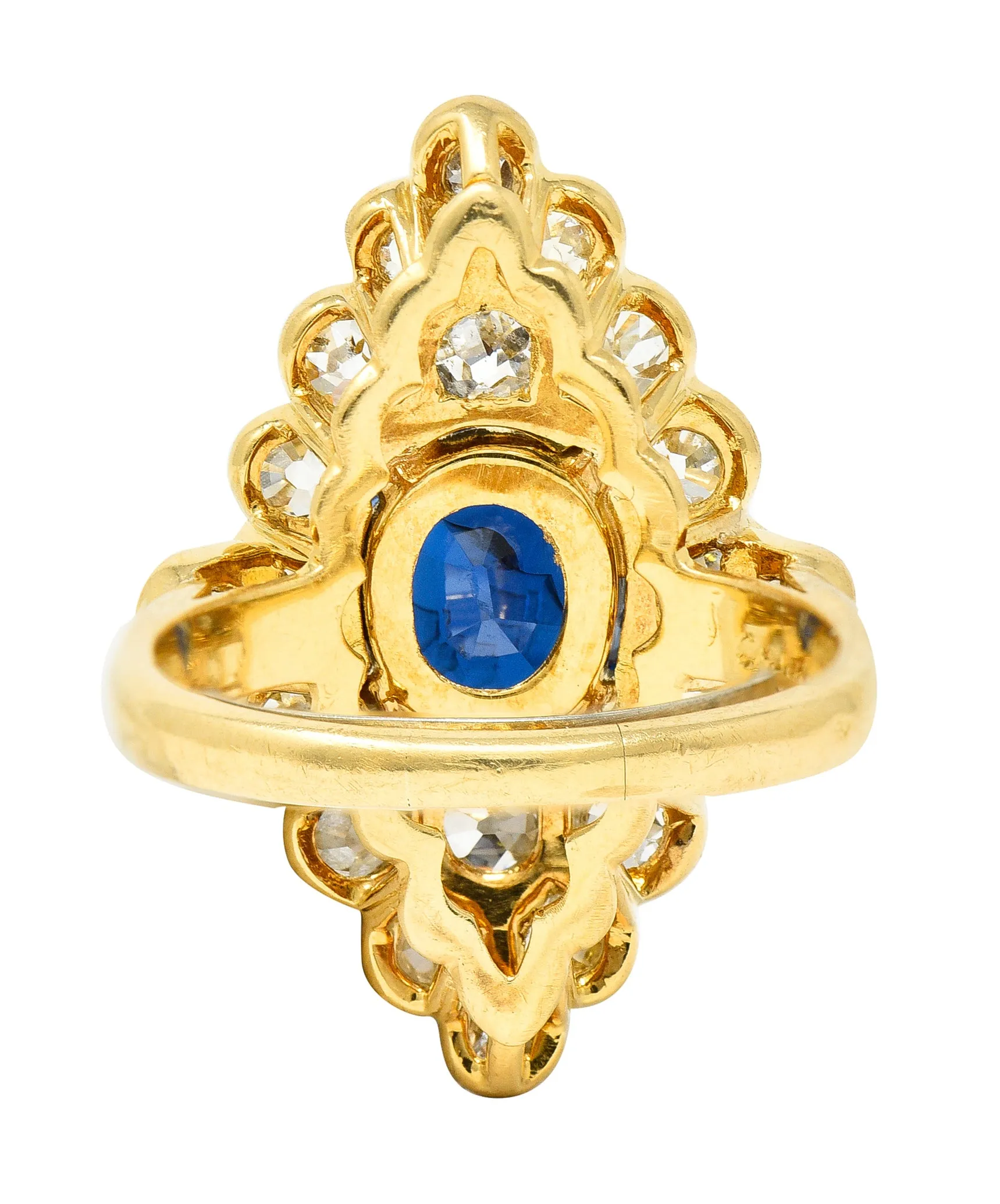 Substantial Chaumet Paris Mid-Century 6.35 CTW No Heat Sapphire Old Mine Cut Diamond 18 Karat Yellow Gold Vintage Navette Cluster Ring GIA