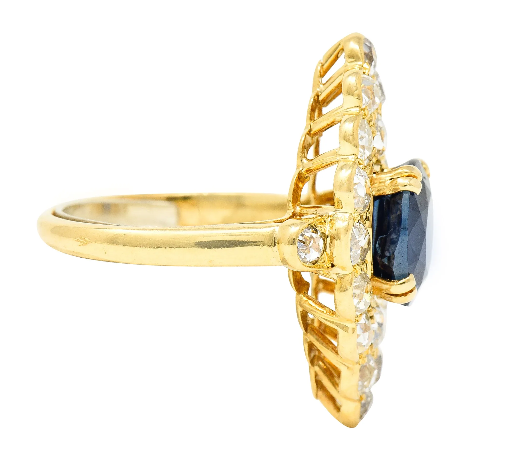 Substantial Chaumet Paris Mid-Century 6.35 CTW No Heat Sapphire Old Mine Cut Diamond 18 Karat Yellow Gold Vintage Navette Cluster Ring GIA