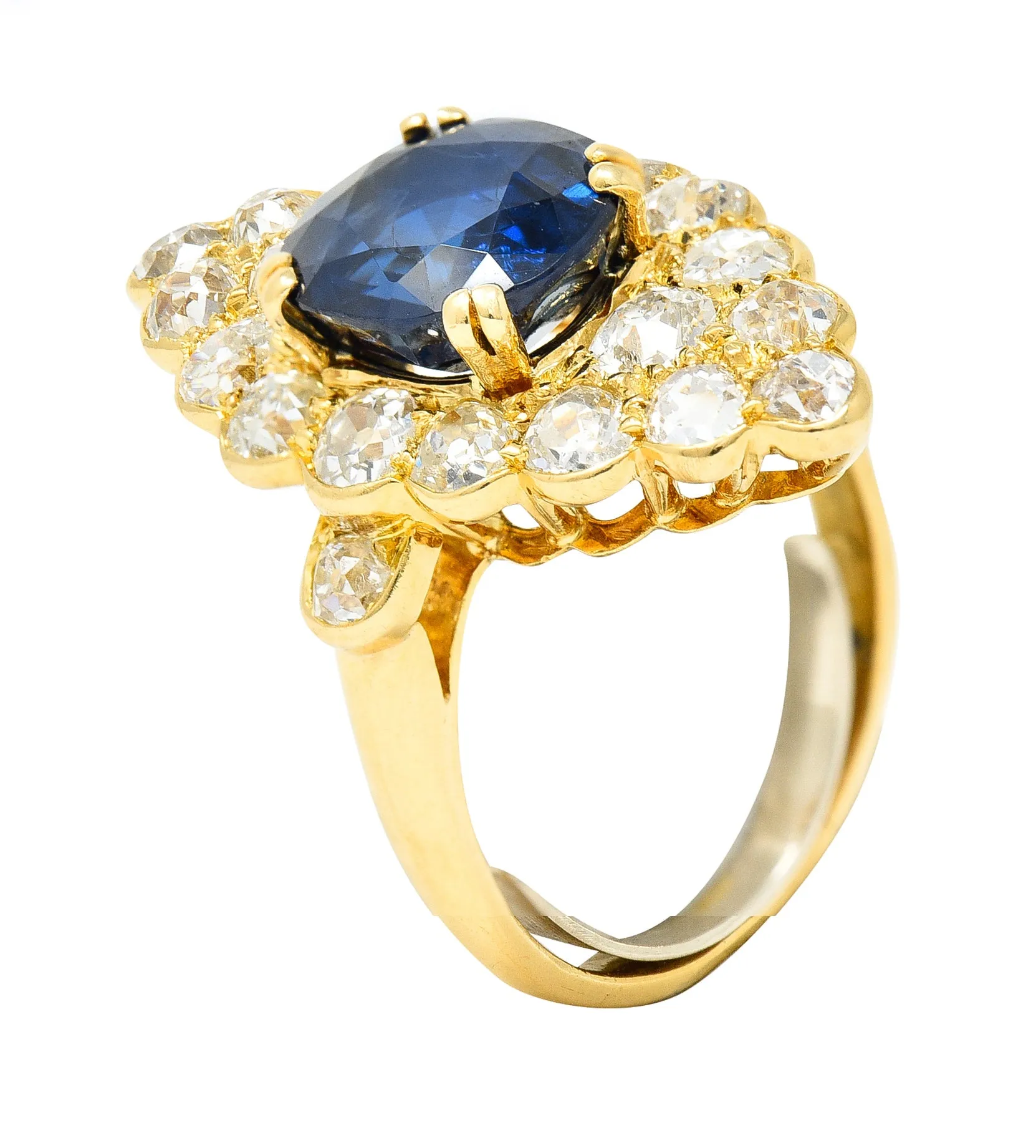 Substantial Chaumet Paris Mid-Century 6.35 CTW No Heat Sapphire Old Mine Cut Diamond 18 Karat Yellow Gold Vintage Navette Cluster Ring GIA
