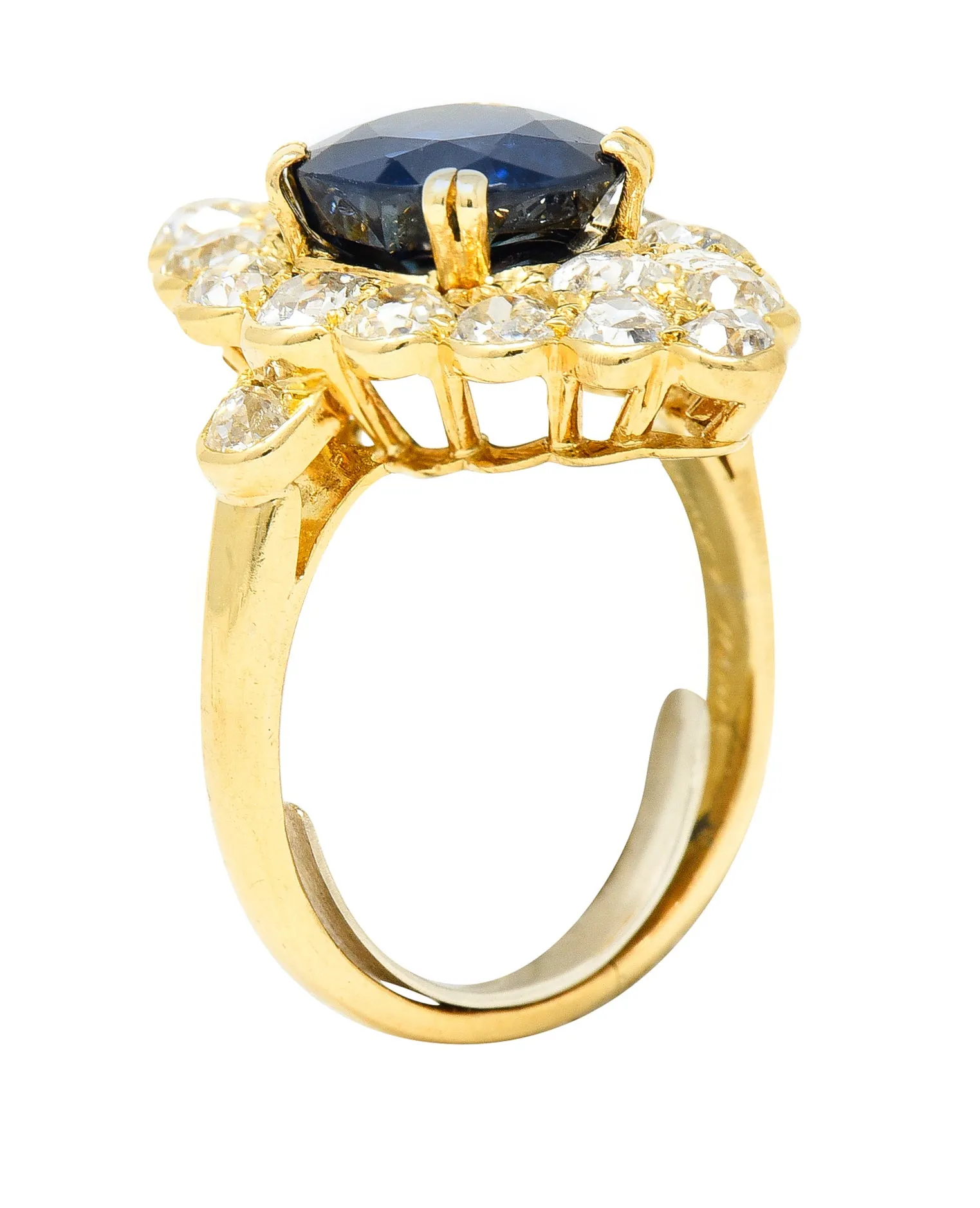 Substantial Chaumet Paris Mid-Century 6.35 CTW No Heat Sapphire Old Mine Cut Diamond 18 Karat Yellow Gold Vintage Navette Cluster Ring GIA