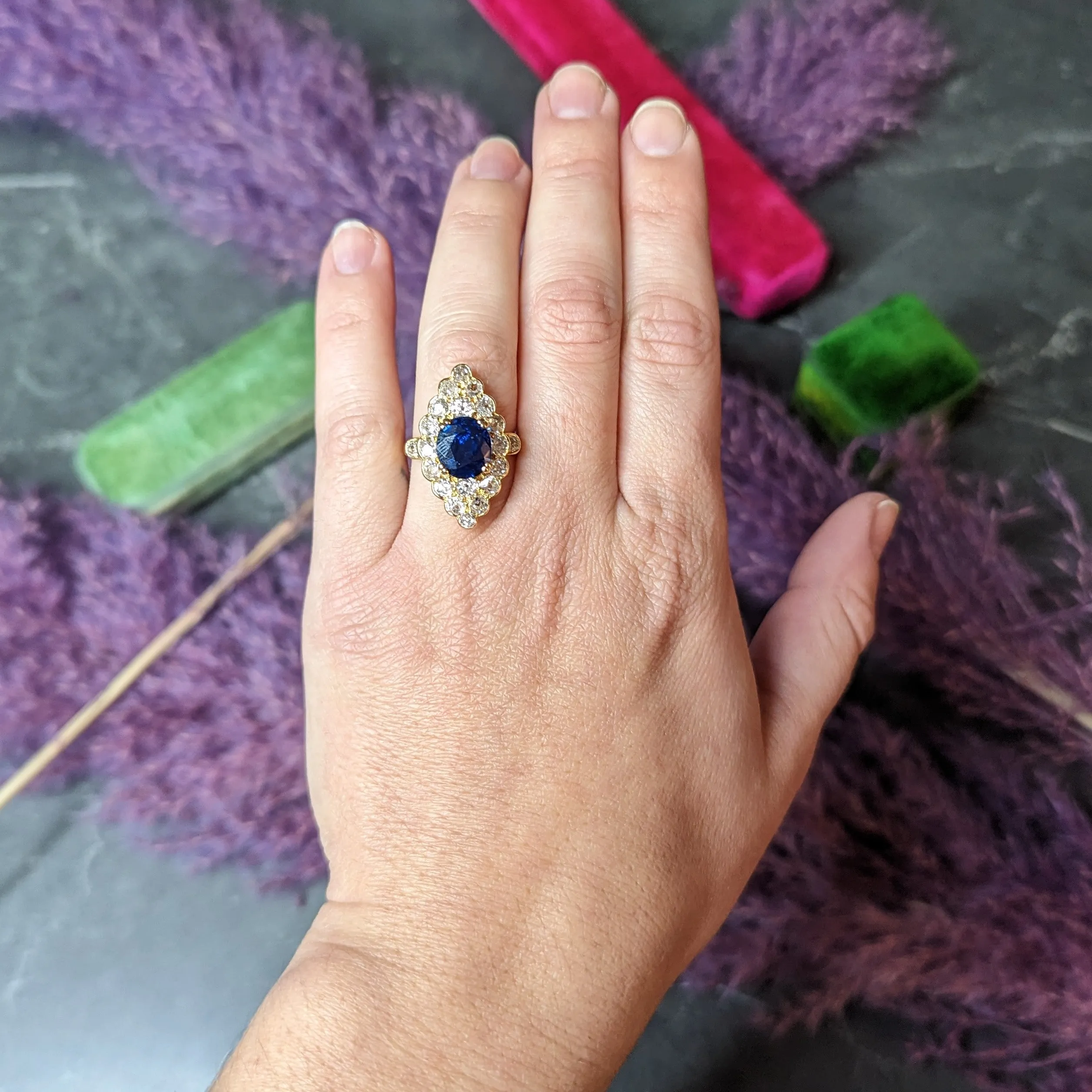 Substantial Chaumet Paris Mid-Century 6.35 CTW No Heat Sapphire Old Mine Cut Diamond 18 Karat Yellow Gold Vintage Navette Cluster Ring GIA