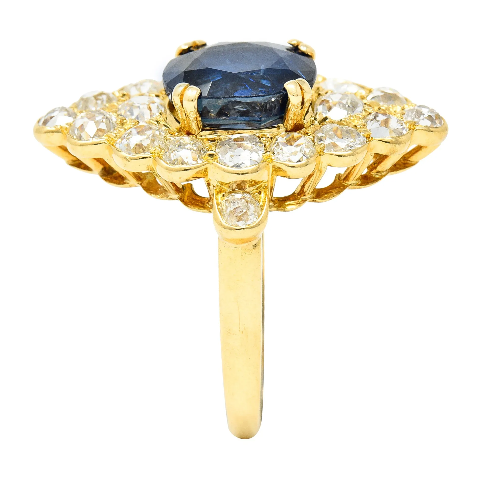 Substantial Chaumet Paris Mid-Century 6.35 CTW No Heat Sapphire Old Mine Cut Diamond 18 Karat Yellow Gold Vintage Navette Cluster Ring GIA