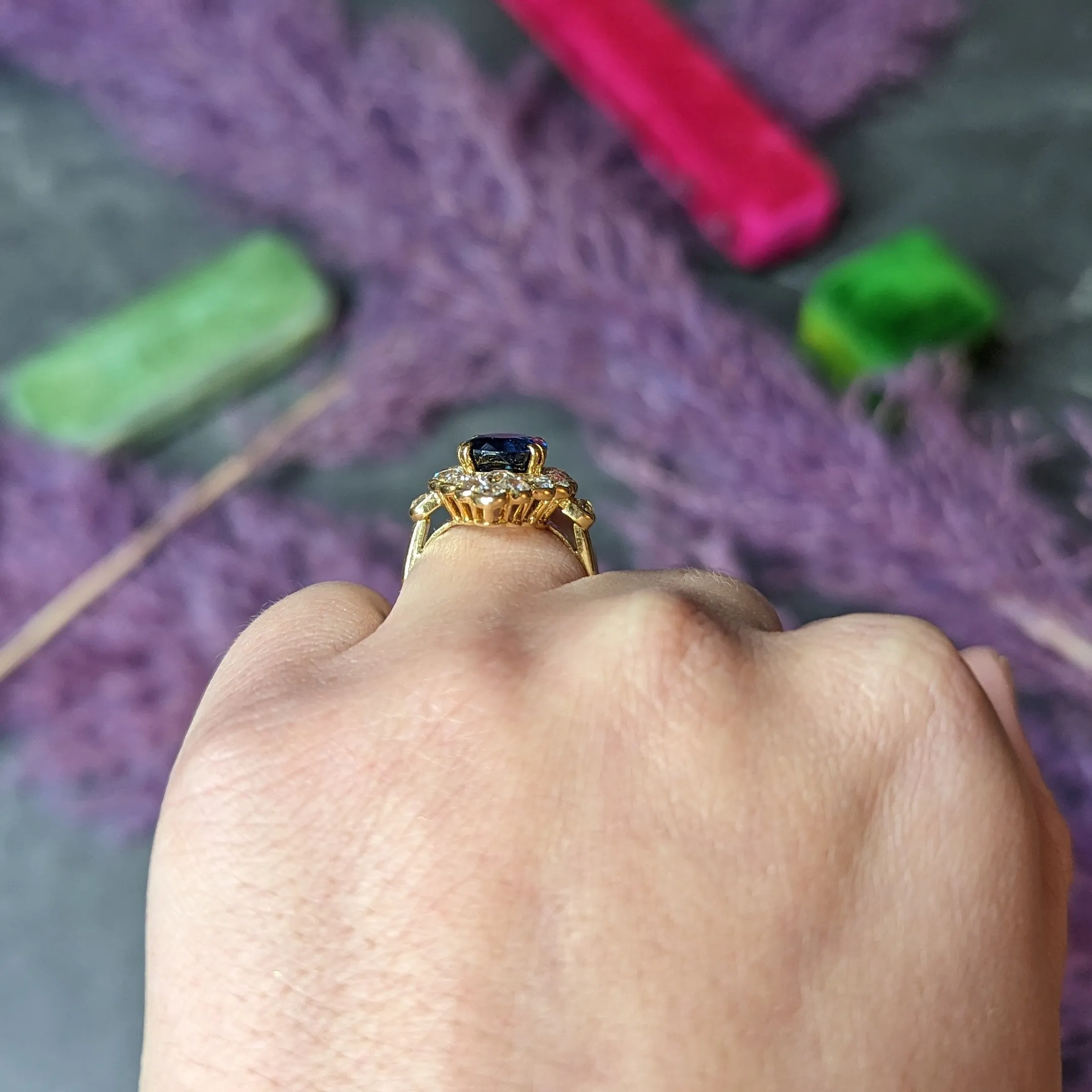 Substantial Chaumet Paris Mid-Century 6.35 CTW No Heat Sapphire Old Mine Cut Diamond 18 Karat Yellow Gold Vintage Navette Cluster Ring GIA