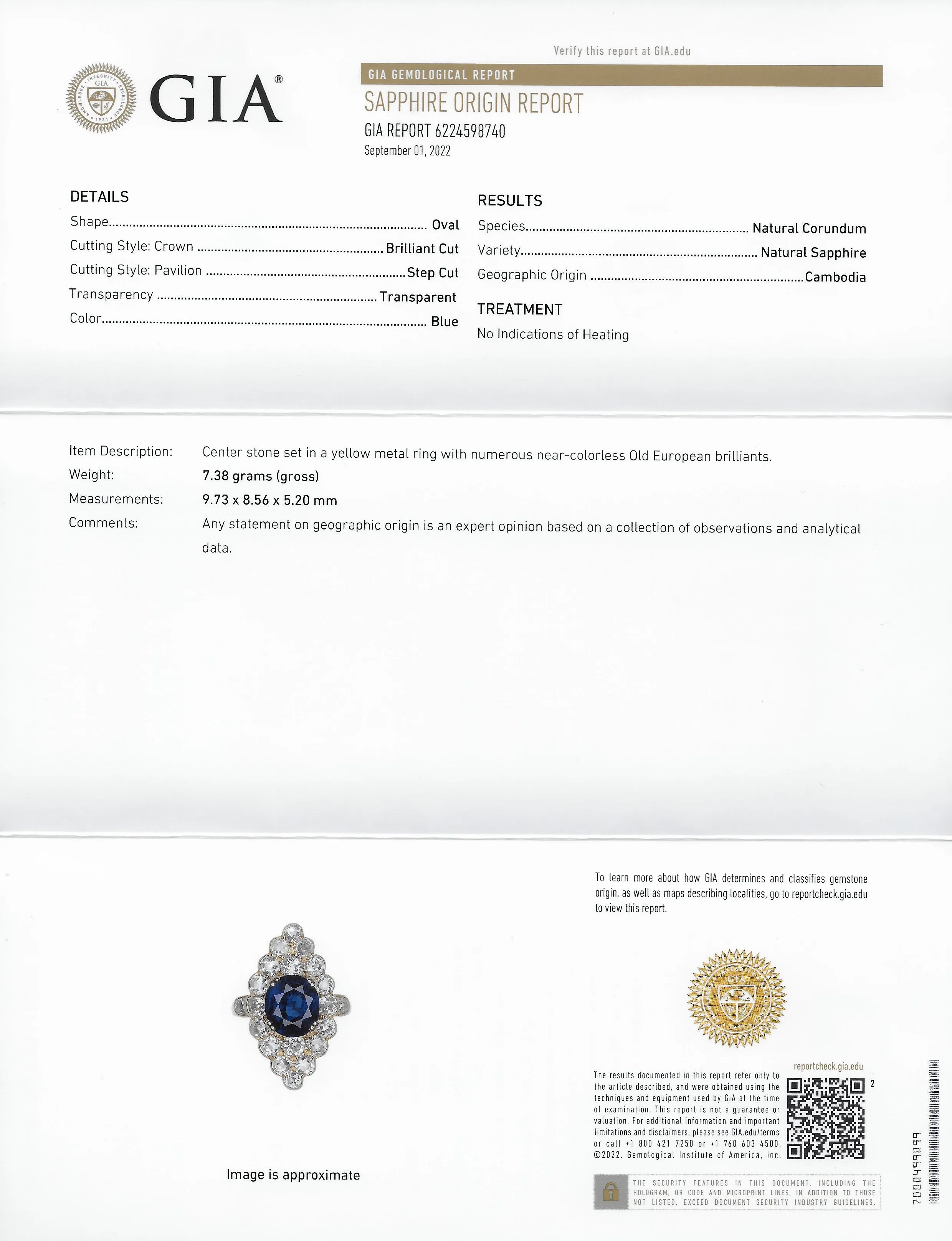 Substantial Chaumet Paris Mid-Century 6.35 CTW No Heat Sapphire Old Mine Cut Diamond 18 Karat Yellow Gold Vintage Navette Cluster Ring GIA