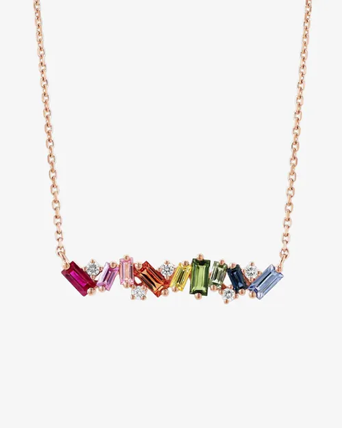 SUZANNE KALAN | Frenzy Pastel Rainbow Bar Necklace | Baguette-Cut Sapphires & White Diamonds