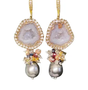 Tabasco Geode Druzy Earrings Diamond Look with Grey Pearls