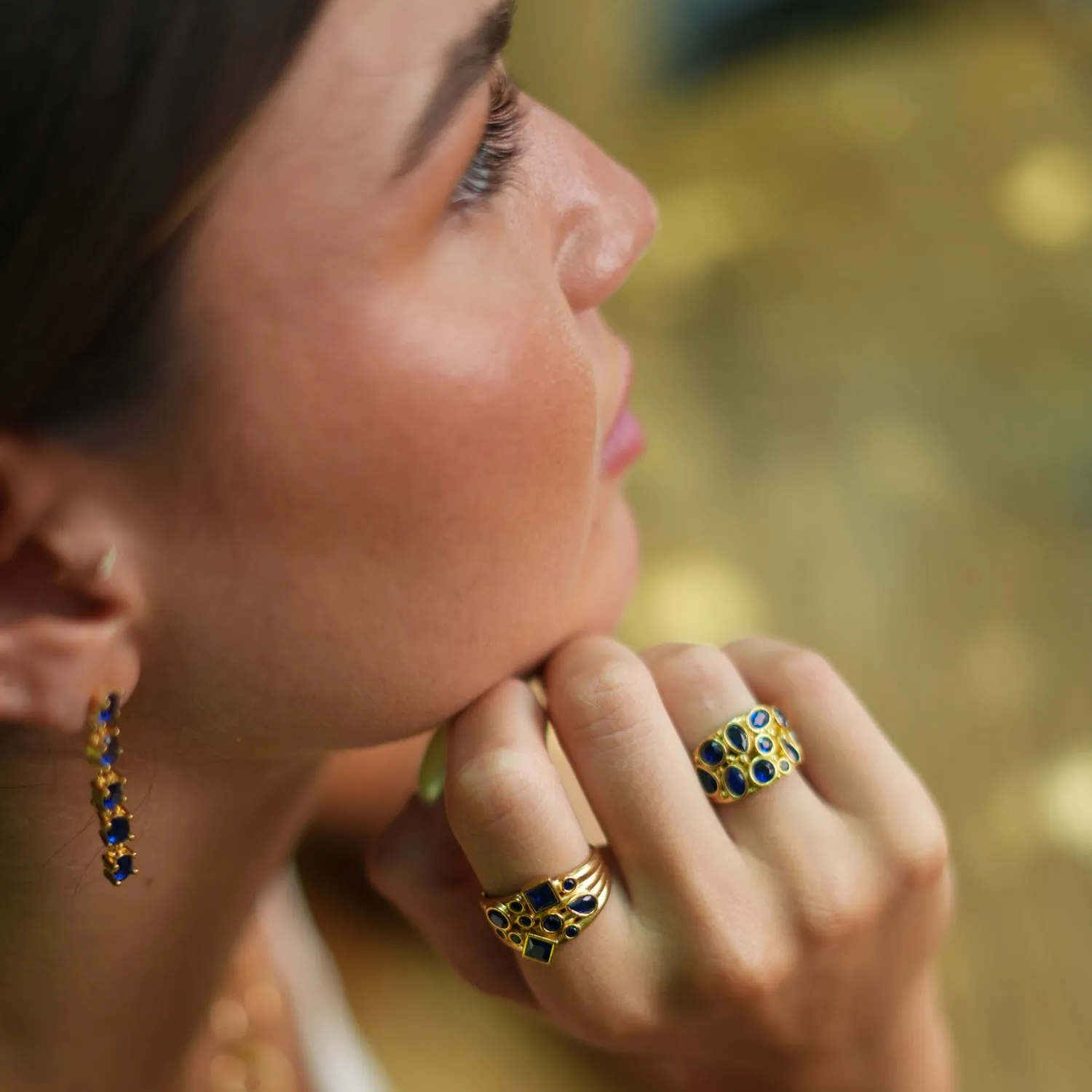 Teardrop Sapphire Stone & Gold Adjustable Statement Ring