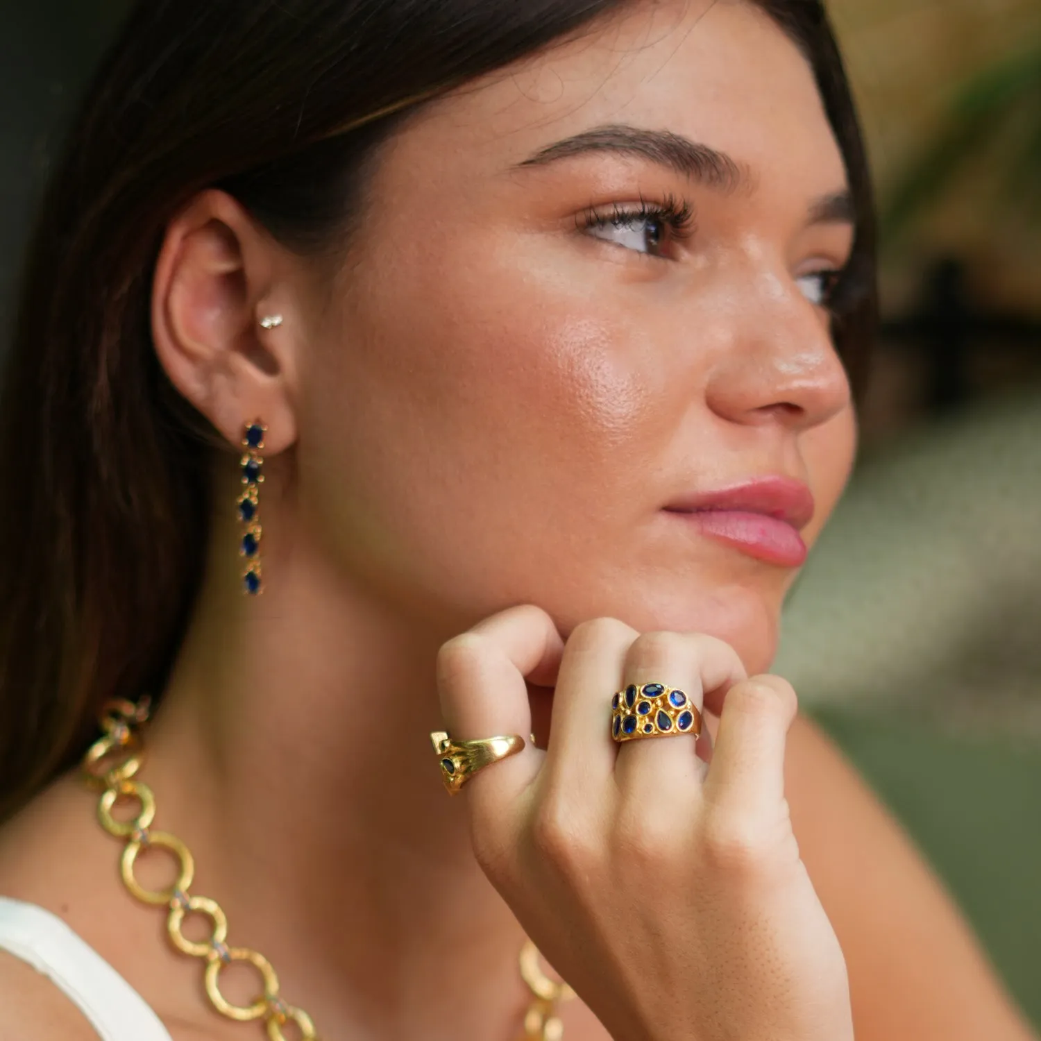 Teardrop Sapphire Stone & Gold Adjustable Statement Ring