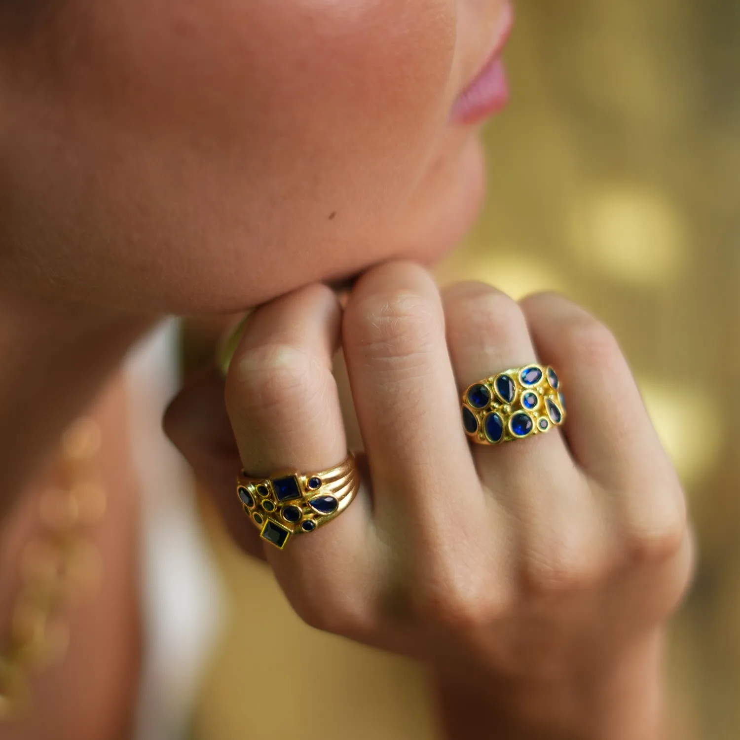 Teardrop Sapphire Stone & Gold Adjustable Statement Ring