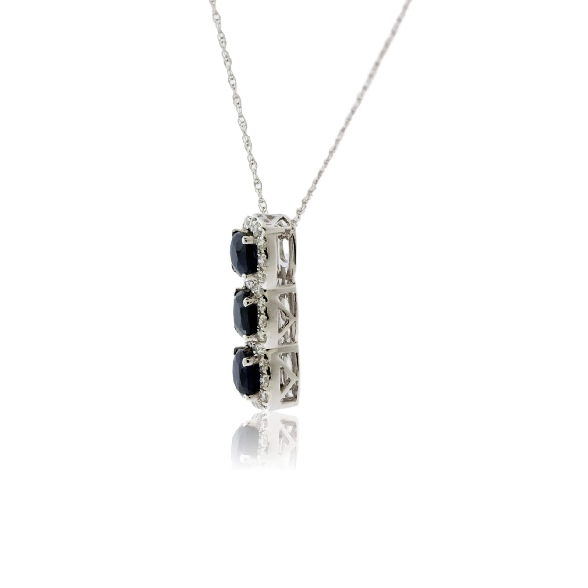 Three Blue Sapphire with Diamond Halo Pendant