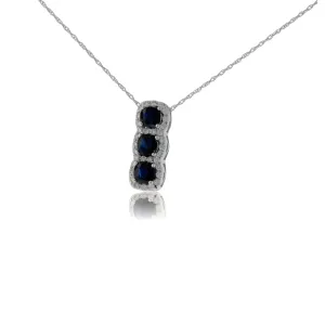 Three Blue Sapphire with Diamond Halo Pendant