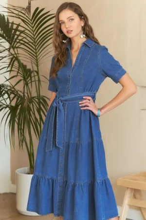 Tiered Button  Denim Dress