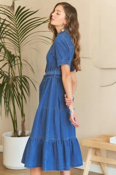 Tiered Button  Denim Dress
