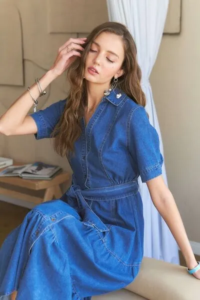 Tiered Button  Denim Dress