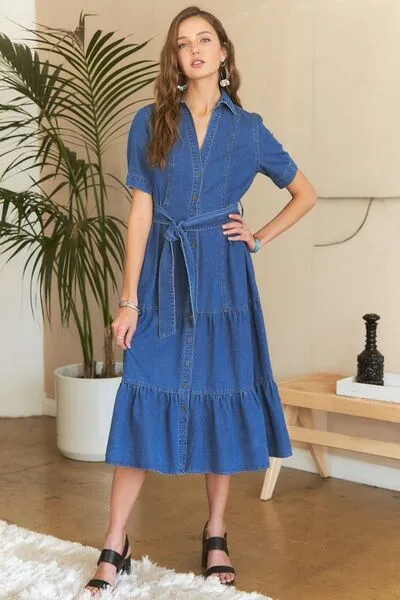 Tiered Button  Denim Dress