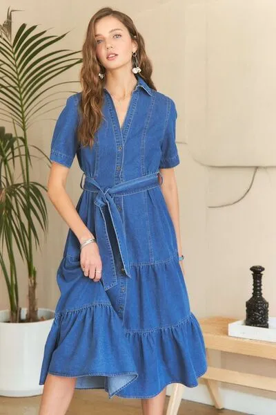 Tiered Button  Denim Dress