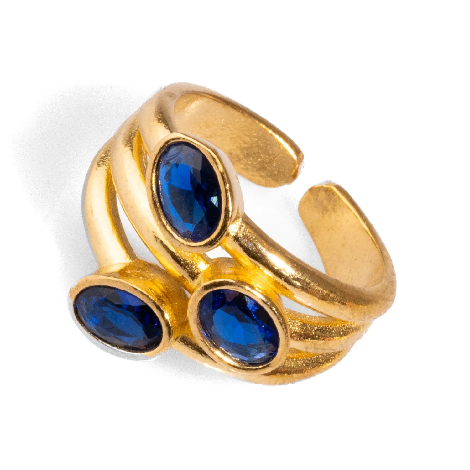 Trio Sapphire Gemstone & Gold Stylish Adjustable Cocktail Ring