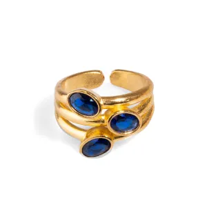 Trio Sapphire Gemstone & Gold Stylish Adjustable Cocktail Ring