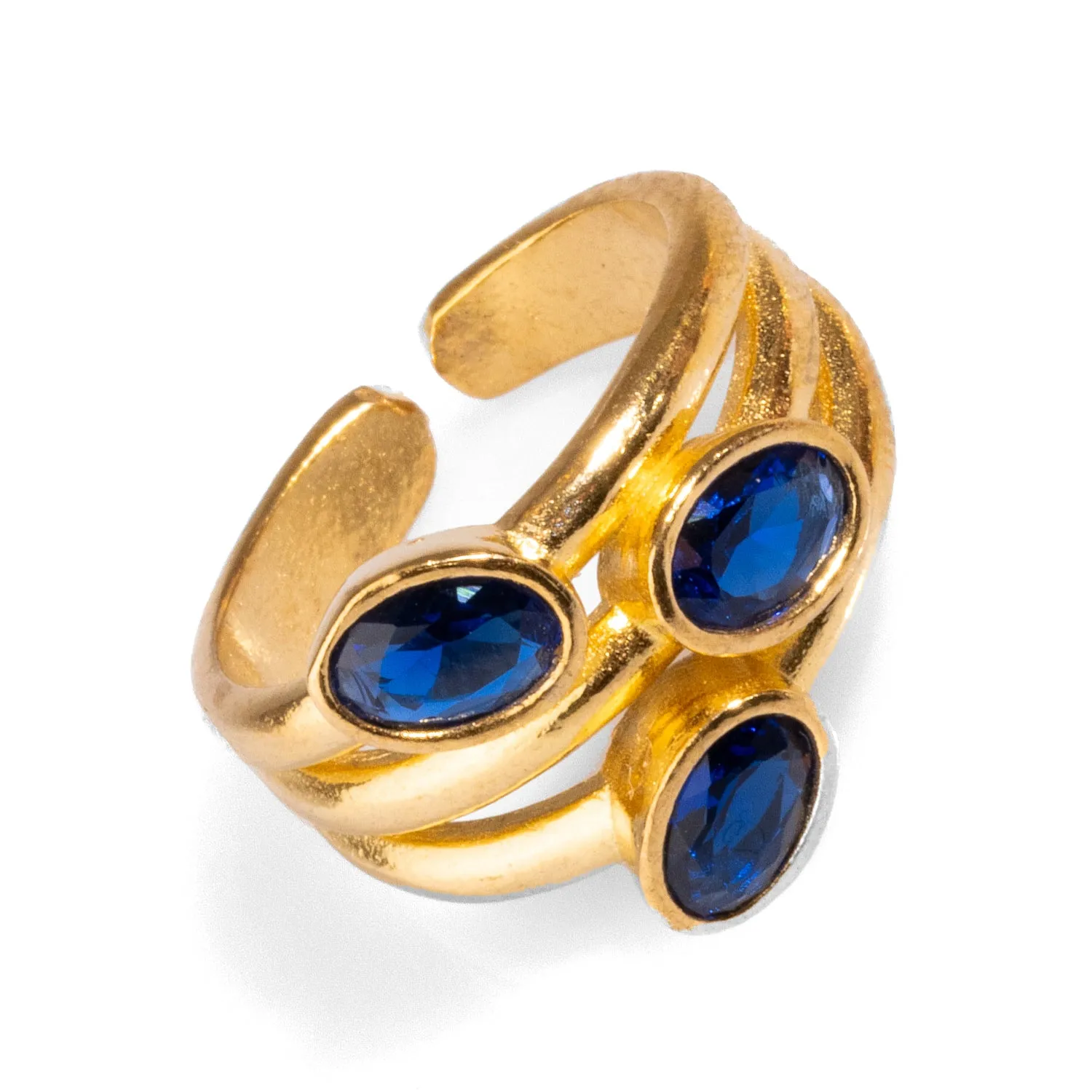 Trio Sapphire Gemstone & Gold Stylish Adjustable Cocktail Ring