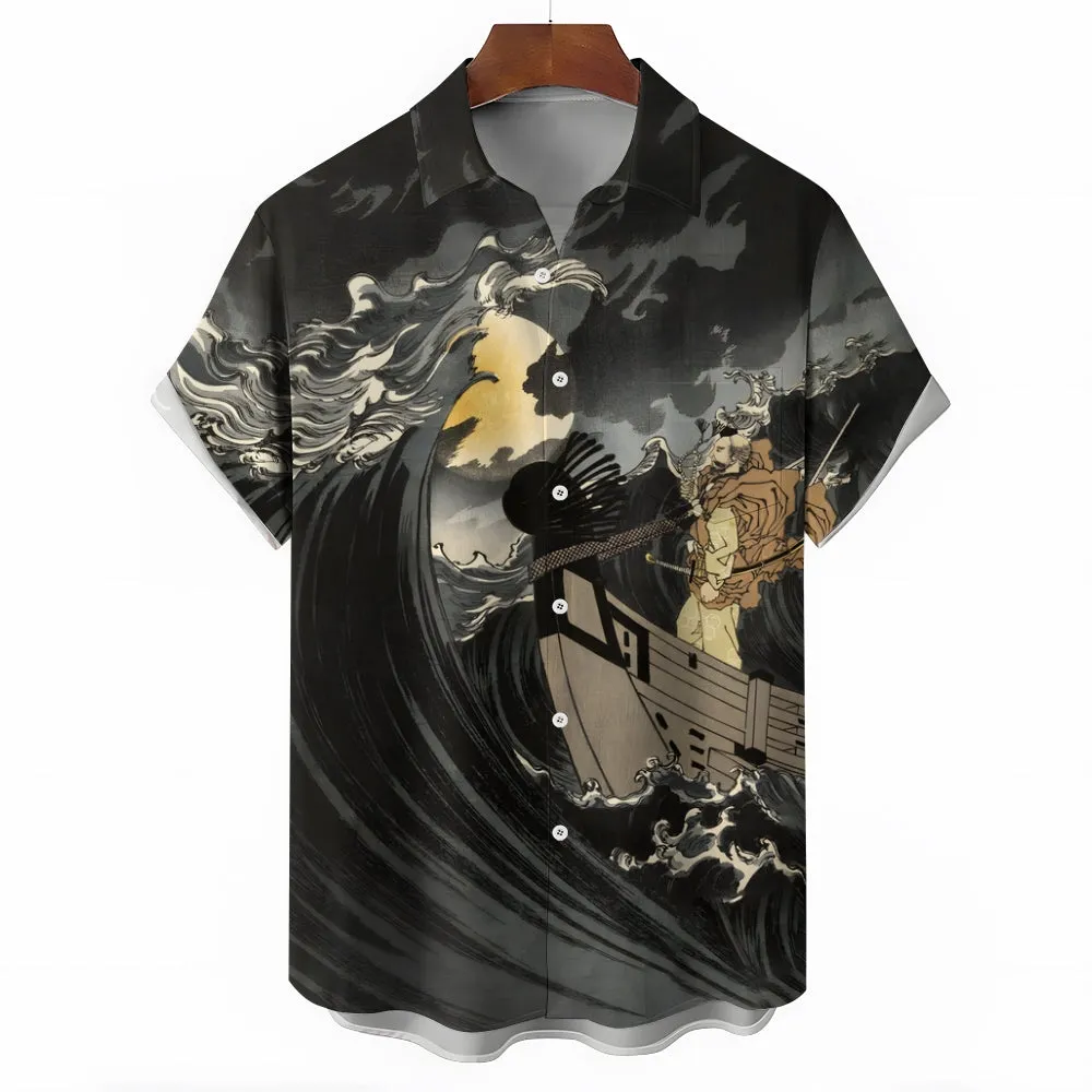 Ukiyo-e Waves and Samurai Casual Large Size Short Sleeve Shirt 2406003242
