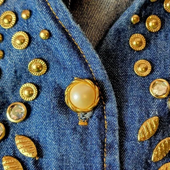 Vintage 90s Denim Midi Dress Women Medium Teacher Embellished Rhinestone 8 10 M