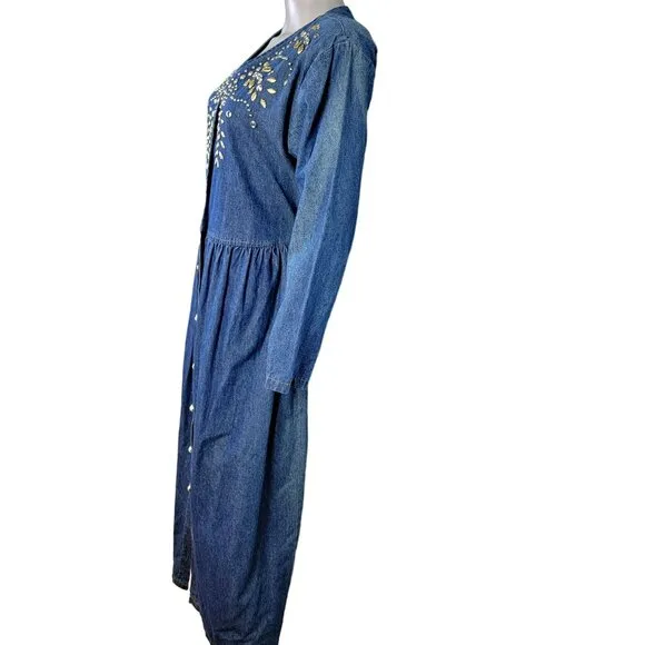 Vintage 90s Denim Midi Dress Women Medium Teacher Embellished Rhinestone 8 10 M