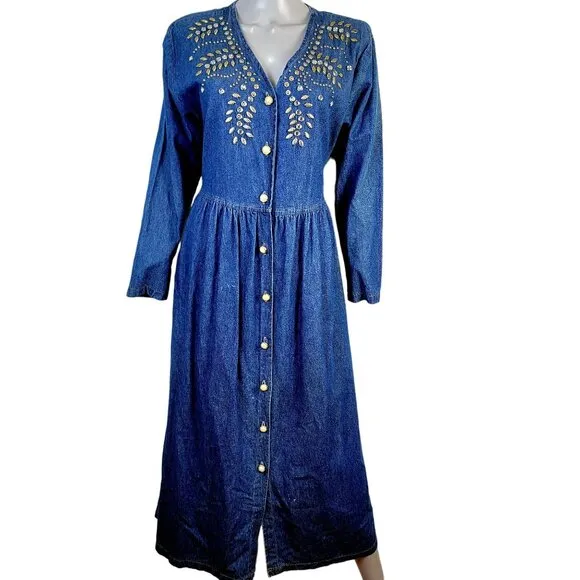 Vintage 90s Denim Midi Dress Women Medium Teacher Embellished Rhinestone 8 10 M