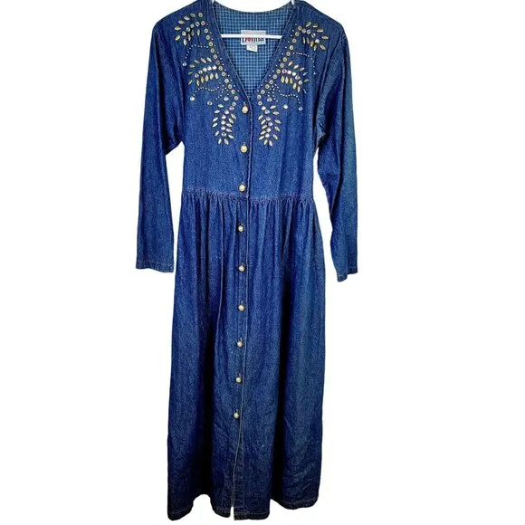 Vintage 90s Denim Midi Dress Women Medium Teacher Embellished Rhinestone 8 10 M