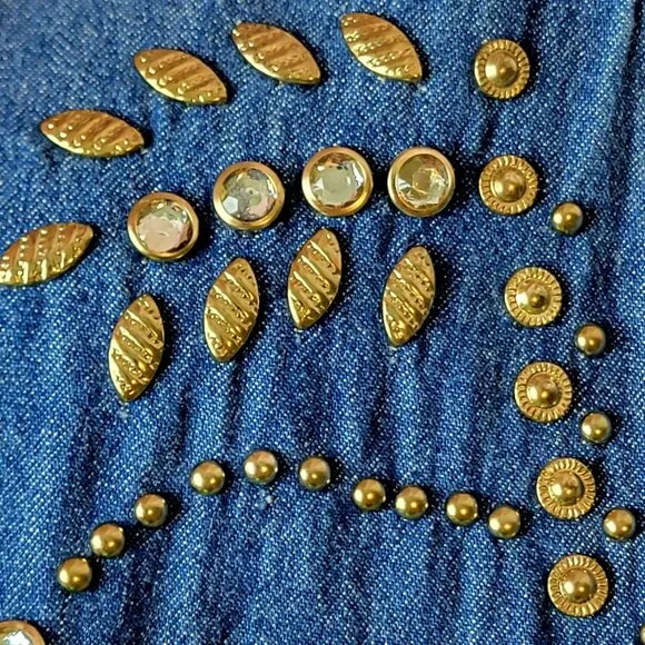 Vintage 90s Denim Midi Dress Women Medium Teacher Embellished Rhinestone 8 10 M