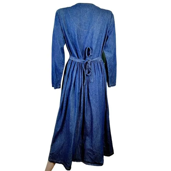 Vintage 90s Denim Midi Dress Women Medium Teacher Embellished Rhinestone 8 10 M
