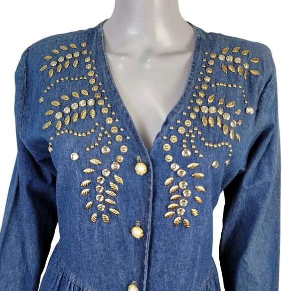 Vintage 90s Denim Midi Dress Women Medium Teacher Embellished Rhinestone 8 10 M